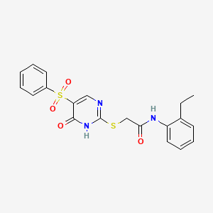 molecular formula C20H19N3O4S2 B2498579 2-[[5-(benzenesulfonyl)-6-oxo-1H-pyrimidin-2-yl]sulfanyl]-N-(2-ethylphenyl)acetamide CAS No. 866809-02-1