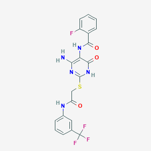 molecular formula C20H15F4N5O3S B2498616 N-(4-amino-6-oxo-2-((2-oxo-2-((3-(trifluoromethyl)phenyl)amino)ethyl)thio)-1,6-dihydropyrimidin-5-yl)-2-fluorobenzamide CAS No. 888423-83-4
