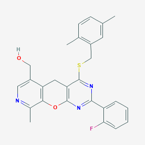 molecular formula C27H24FN3O2S B2498655 (7-{[(2,5-Dimethylphenyl)methyl]sulfanyl}-5-(2-fluorophenyl)-14-methyl-2-oxa-4,6,13-triazatricyclo[8.4.0.0^{3,8}]tetradeca-1(10),3(8),4,6,11,13-hexaen-11-yl)methanol CAS No. 892417-76-4