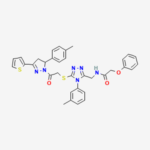 molecular formula C34H32N6O3S2 B2498717 N-((5-((2-oxo-2-(3-(thiophen-2-yl)-5-(p-tolyl)-4,5-dihydro-1H-pyrazol-1-yl)ethyl)thio)-4-(m-tolyl)-4H-1,2,4-triazol-3-yl)methyl)-2-phenoxyacetamide CAS No. 393585-42-7