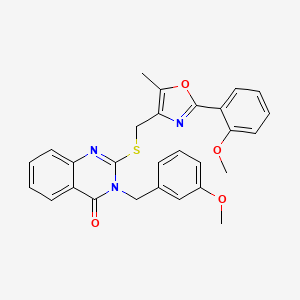 molecular formula C28H25N3O4S B2498728 3-(3-methoxybenzyl)-2-(((2-(2-methoxyphenyl)-5-methyloxazol-4-yl)methyl)thio)quinazolin-4(3H)-one CAS No. 1114648-02-0