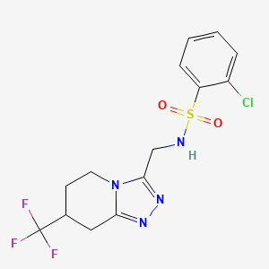 molecular formula C14H14ClF3N4O2S B2498740 2-chloro-N-((7-(trifluoromethyl)-5,6,7,8-tetrahydro-[1,2,4]triazolo[4,3-a]pyridin-3-yl)methyl)benzenesulfonamide CAS No. 2034382-19-7