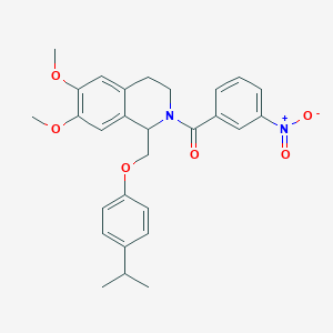 molecular formula C28H30N2O6 B2498793 (1-((4-isopropylphenoxy)methyl)-6,7-dimethoxy-3,4-dihydroisoquinolin-2(1H)-yl)(3-nitrophenyl)methanone CAS No. 680604-98-2