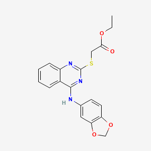 molecular formula C19H17N3O4S B2498825 乙酸-2-[4-(1,3-苯并二氧杂环戊二烯-5-基氨基)喹唑啉-2-基]硫代乙酸酯 CAS No. 688355-90-0