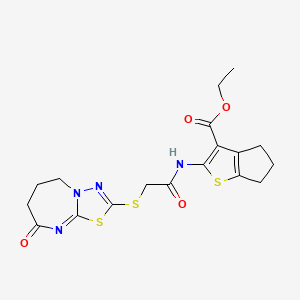 molecular formula C18H20N4O4S3 B2498873 ethyl 2-({[(8-oxo-5,6,7,8-tetrahydro[1,3,4]thiadiazolo[3,2-a][1,3]diazepin-2-yl)thio]acetyl}amino)-5,6-dihydro-4H-cyclopenta[b]thiophene-3-carboxylate CAS No. 450346-74-4