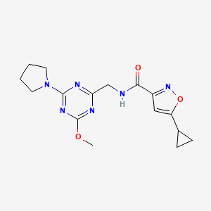 molecular formula C16H20N6O3 B2498924 5-cyclopropyl-N-((4-methoxy-6-(pyrrolidin-1-yl)-1,3,5-triazin-2-yl)methyl)isoxazole-3-carboxamide CAS No. 2034577-19-8