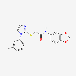 molecular formula C19H17N3O3S B2498974 N-(benzo[d][1,3]dioxol-5-yl)-2-((1-(m-tolyl)-1H-imidazol-2-yl)thio)acetamide CAS No. 851131-14-1