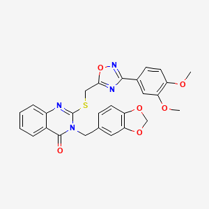 molecular formula C27H22N4O6S B2498976 3-(benzo[d][1,3]dioxol-5-ylmethyl)-2-(((3-(3,4-dimethoxyphenyl)-1,2,4-oxadiazol-5-yl)methyl)thio)quinazolin-4(3H)-one CAS No. 2034400-29-6