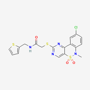 molecular formula C18H15ClN4O3S3 B2498995 2-((9-chloro-6-methyl-5,5-dioxido-6H-benzo[c]pyrimido[4,5-e][1,2]thiazin-2-yl)thio)-N-(thiophen-2-ylmethyl)acetamide CAS No. 1115311-87-9