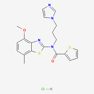 molecular formula C20H21ClN4O2S2 B2499061 N-(3-(1H-imidazol-1-yl)propyl)-N-(4-methoxy-7-methylbenzo[d]thiazol-2-yl)thiophene-2-carboxamide hydrochloride CAS No. 1216390-24-7