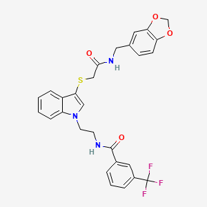 molecular formula C28H24F3N3O4S B2499196 N-(2-(3-((2-((benzo[d][1,3]dioxol-5-ylmethyl)amino)-2-oxoethyl)thio)-1H-indol-1-yl)ethyl)-3-(trifluoromethyl)benzamide CAS No. 851714-91-5
