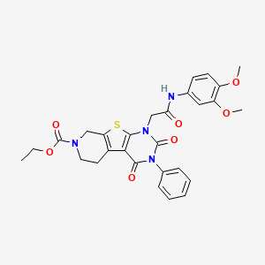 molecular formula C28H28N4O7S B2499198 ethyl 1-(2-((3,4-dimethoxyphenyl)amino)-2-oxoethyl)-2,4-dioxo-3-phenyl-1,2,3,4,5,6-hexahydropyrido[4',3':4,5]thieno[2,3-d]pyrimidine-7(8H)-carboxylate CAS No. 866015-06-7