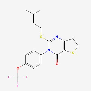 molecular formula C18H19F3N2O2S2 B2499252 2-(3-Methylbutylsulfanyl)-3-[4-(trifluoromethoxy)phenyl]-6,7-dihydrothieno[3,2-d]pyrimidin-4-one CAS No. 877654-34-7