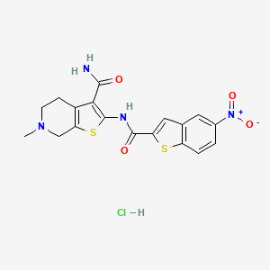 molecular formula C18H17ClN4O4S2 B2499274 6-Methyl-2-(5-nitrobenzo[b]thiophene-2-carboxamido)-4,5,6,7-tetrahydrothieno[2,3-c]pyridine-3-carboxamide hydrochloride CAS No. 1052548-79-4