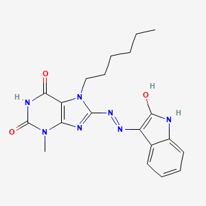 molecular formula C20H23N7O3 B2499314 (E)-7-hexyl-3-methyl-8-(2-(2-oxoindolin-3-ylidene)hydrazinyl)-1H-purine-2,6(3H,7H)-dione CAS No. 328117-73-3