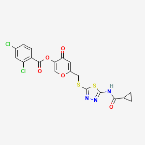 molecular formula C19H13Cl2N3O5S2 B2499336 6-(((5-(cyclopropanecarboxamido)-1,3,4-thiadiazol-2-yl)thio)methyl)-4-oxo-4H-pyran-3-yl 2,4-dichlorobenzoate CAS No. 877651-34-8