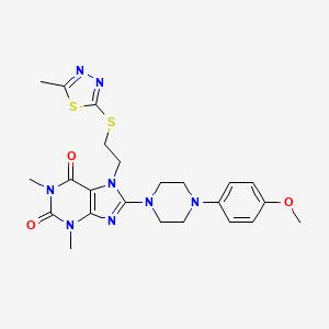 molecular formula C23H28N8O3S2 B2499343 8-[4-(4-Methoxyphenyl)piperazin-1-yl]-1,3-dimethyl-7-[2-[(5-methyl-1,3,4-thiadiazol-2-yl)sulfanyl]ethyl]purine-2,6-dione CAS No. 850914-85-1