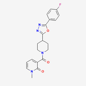 molecular formula C20H19FN4O3 B2499359 3-(4-(5-(4-fluorophenyl)-1,3,4-oxadiazol-2-yl)piperidine-1-carbonyl)-1-methylpyridin-2(1H)-one CAS No. 1172706-08-9