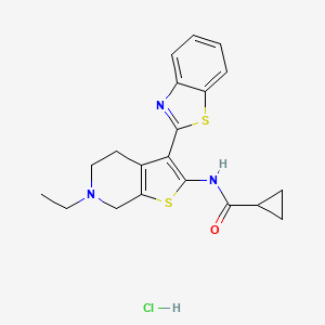 molecular formula C20H22ClN3OS2 B2499372 N-(3-(benzo[d]thiazol-2-yl)-6-ethyl-4,5,6,7-tetrahydrothieno[2,3-c]pyridin-2-yl)cyclopropanecarboxamide hydrochloride CAS No. 1185065-16-0