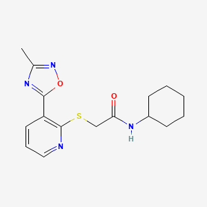 molecular formula C16H20N4O2S B2499462 N-cyclohexyl-2-((3-(3-methyl-1,2,4-oxadiazol-5-yl)pyridin-2-yl)thio)acetamide CAS No. 1251557-22-8