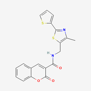 molecular formula C19H14N2O3S2 B2499464 N-((4-甲基-2-(噻吩-2-基)噻唑-5-基)甲基)-2-氧代-2H-香豆素-3-甲酰胺 CAS No. 1421531-39-6