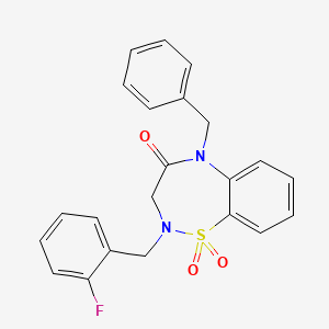 molecular formula C22H19FN2O3S B2499468 5-苄基-2-(2-氟苄基)-2,3-二氢-1,2,5-苯并噻二氮杂环-4(5H)-酮-1,1-二氧化物 CAS No. 1031966-92-3