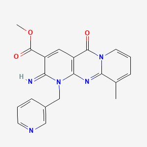 molecular formula C20H17N5O3 B2499492 2-Imino-8-methyl-10-oxo-1-pyridin-3-ylmethyl-1,10-dihydro-2H-1,9,10a-triazaanthracene-3-carboxylic acid, methyl ester CAS No. 370869-55-9