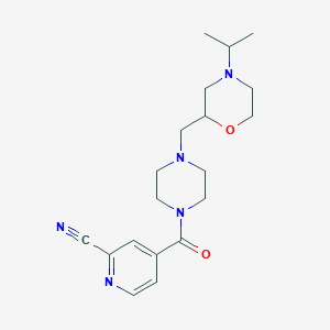 molecular formula C19H27N5O2 B2499540 4-[4-[(4-Propan-2-ylmorpholin-2-yl)methyl]piperazine-1-carbonyl]pyridine-2-carbonitrile CAS No. 2189014-54-6
