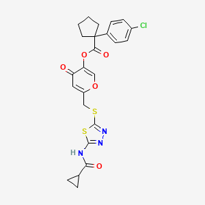 molecular formula C24H22ClN3O5S2 B2499541 6-(((5-(cyclopropanecarboxamido)-1,3,4-thiadiazol-2-yl)thio)methyl)-4-oxo-4H-pyran-3-yl 1-(4-chlorophenyl)cyclopentanecarboxylate CAS No. 896009-74-8