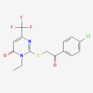 molecular formula C15H12ClF3N2O2S B2499546 2-{[2-(4-chlorophenyl)-2-oxoethyl]sulfanyl}-3-ethyl-6-(trifluoromethyl)-4(3H)-pyrimidinone CAS No. 692287-62-0