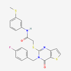 molecular formula C22H18FN3O2S3 B2499561 2-{[3-(4-氟苯甲基)-4-氧代-3,4-二氢噻吩[3,2-d]嘧啶-2-基]硫代}-N-[3-(甲基硫代)苯基]乙酰胺 CAS No. 1252907-68-8