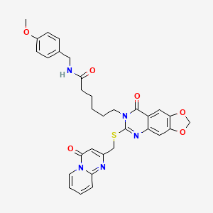 molecular formula C32H31N5O6S B2499639 N-(4-methoxybenzyl)-6-[8-oxo-6-{[(4-oxo-4H-pyrido[1,2-a]pyrimidin-2-yl)methyl]thio}[1,3]dioxolo[4,5-g]quinazolin-7(8H)-yl]hexanamide CAS No. 688060-96-0