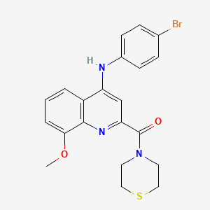 molecular formula C21H20BrN3O2S B2499673 (4-((4-溴苯基)氨基)-8-甲氧基喹啉-2-基)(硫代吗啉)甲酮 CAS No. 1251622-36-2