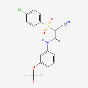 molecular formula C16H10ClF3N2O3S B2499687 2-((4-Chlorophenyl)sulfonyl)-3-((3-(trifluoromethoxy)phenyl)amino)prop-2-enenitrile CAS No. 1024870-97-0