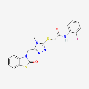 molecular formula C19H16FN5O2S2 B2499706 N-(2-fluorophenyl)-2-[[4-methyl-5-[(2-oxo-1,3-benzothiazol-3-yl)methyl]-1,2,4-triazol-3-yl]sulfanyl]acetamide CAS No. 847400-29-7