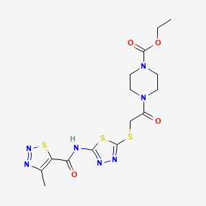 molecular formula C15H19N7O4S3 B2499720 乙酸-4-(2-((5-(4-甲基-1,2,3-噻二唑-5-羧胺基)-1,3,4-噻二唑-2-基)硫基)乙酰基)哌嗪-1-羧酸甲酯 CAS No. 1351614-94-2