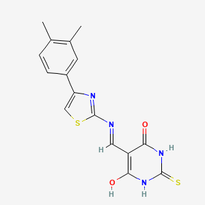 molecular formula C16H14N4O2S2 B2499735 5-(((4-(3,4-dimethylphenyl)thiazol-2-yl)amino)methylene)-2-thioxodihydropyrimidine-4,6(1H,5H)-dione CAS No. 1021262-88-3