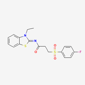 molecular formula C18H17FN2O3S2 B2499789 (E)-N-(3-乙基苯并[d]噻唑-2(3H)-基亚甲基)-3-((4-氟苯基)磺酰)丙酰胺 CAS No. 895452-15-0