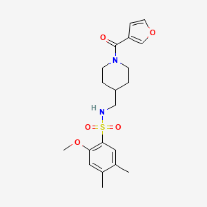molecular formula C20H26N2O5S B2499805 N-((1-(呋喃-3-甲酰)哌啶-4-基甲基)-2-甲氧基-4,5-二甲基苯基)磺酰胺 CAS No. 1396802-35-9