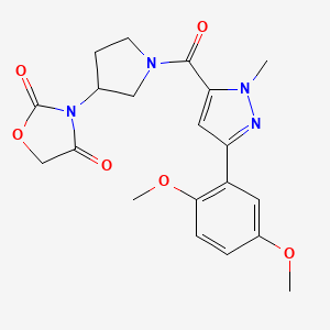 molecular formula C20H22N4O6 B2499819 3-(1-(3-(2,5-二甲氧基苯基)-1-甲基-1H-吡唑-5-甲酰)吡咯烷-3-基)噁唑啉-2,4-二酮 CAS No. 2034314-30-0