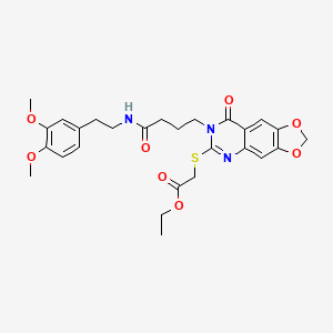 Ethyl 2-((7-(4-((3,4-dimethoxyphenethyl)amino)-4-oxobutyl)-8-oxo-7,8-dihydro-[1,3]dioxolo[4,5-g]quinazolin-6-yl)thio)acetate