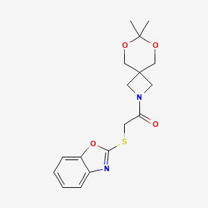 molecular formula C17H20N2O4S B2499876 2-(苯并[噁唑-2-基硫基)-1-(7,7-二甲基-6,8-二氧杂-2-氮杂螺[3.5]壬基)乙酮 CAS No. 1396879-08-5