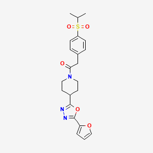 molecular formula C22H25N3O5S B2499918 1-(4-(5-(Furan-2-yl)-1,3,4-oxadiazol-2-yl)piperidin-1-yl)-2-(4-(isopropylsulfonyl)phenyl)ethanone CAS No. 1208739-14-3