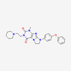 molecular formula C27H30N6O3 B2499963 1-Methyl-8-(4-phenoxyphenyl)-3-(2-piperidylethyl)-1,3,5-trihydroimidazolidino[1,2-h]purine-2,4-dione CAS No. 938883-35-3