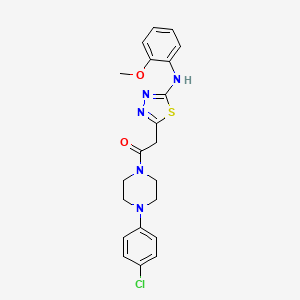 molecular formula C21H22ClN5O2S B2500027 1-(4-(4-Chlorophenyl)piperazin-1-yl)-2-(5-((2-methoxyphenyl)amino)-1,3,4-thiadiazol-2-yl)ethanone CAS No. 1286713-20-9