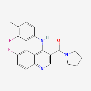 molecular formula C21H19F2N3O B2500059 (6-Fluoro-4-((3-fluoro-4-methylphenyl)amino)quinolin-3-yl)(pyrrolidin-1-yl)methanone CAS No. 1358720-84-9