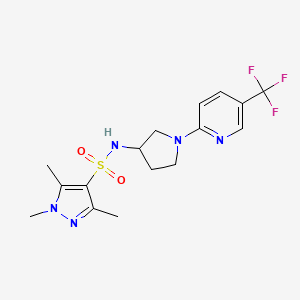 molecular formula C16H20F3N5O2S B2500168 1,3,5-三甲基-N-(1-(5-(三氟甲基)吡啶-2-基)吡咯烷-3-基)-1H-吡唑-4-磺酰胺 CAS No. 2309186-68-1