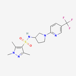 molecular formula C16H20F3N5O2S B2500168 1,3,5-trimethyl-N-{1-[5-(trifluoromethyl)pyridin-2-yl]pyrrolidin-3-yl}-1H-pyrazole-4-sulfonamide CAS No. 2309186-68-1