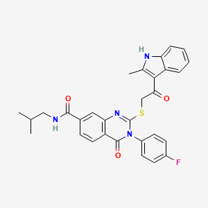 molecular formula C30H27FN4O3S B2500183 3-(4-fluorophenyl)-N-isobutyl-2-((2-(2-methyl-1H-indol-3-yl)-2-oxoethyl)thio)-4-oxo-3,4-dihydroquinazoline-7-carboxamide CAS No. 1113126-66-1