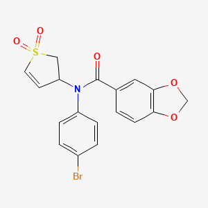 molecular formula C18H14BrNO5S B2500192 N-(4-bromophenyl)-N-(1,1-dioxido-2,3-dihydrothiophen-3-yl)benzo[d][1,3]dioxole-5-carboxamide CAS No. 863445-38-9